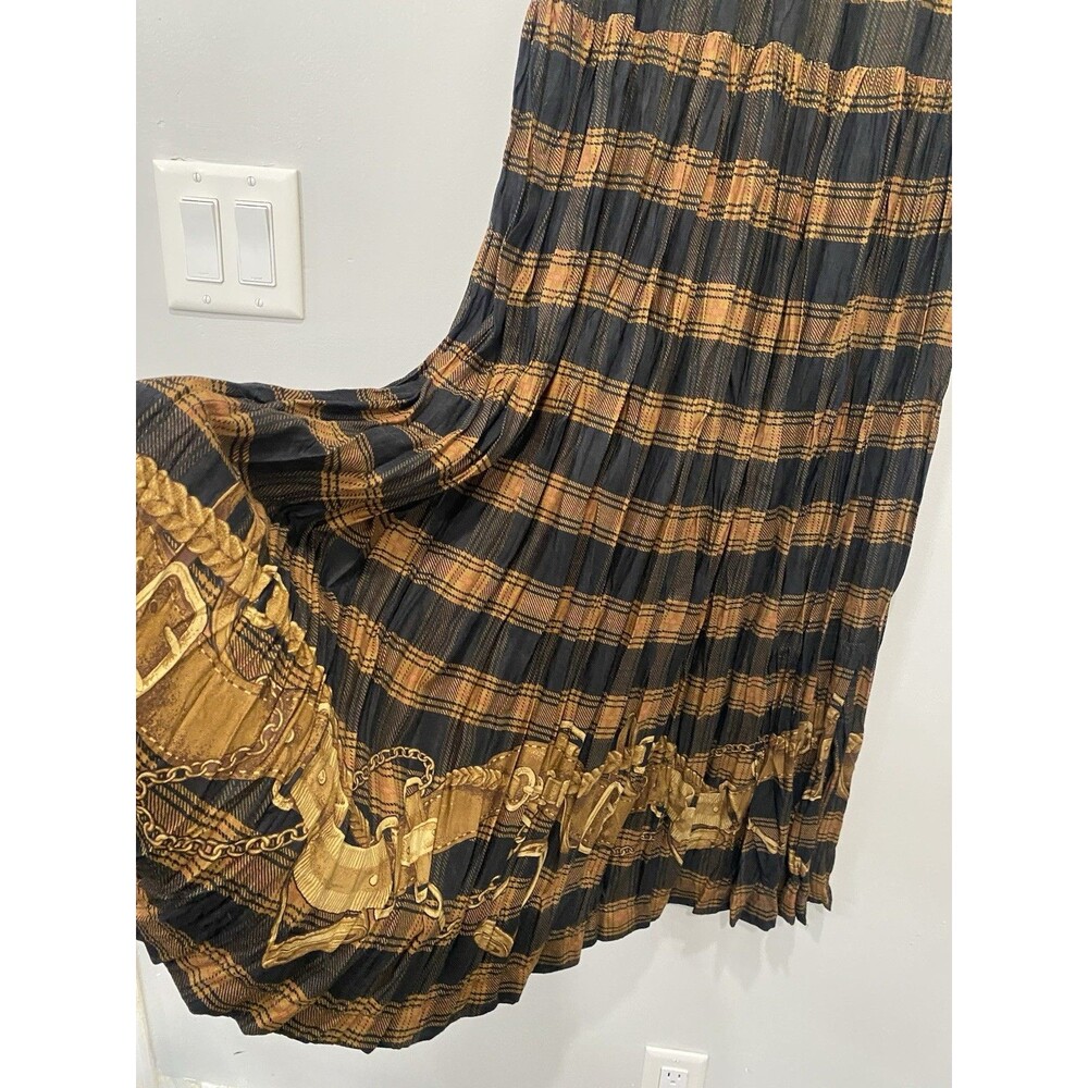 Vtg On The Verge Crinkle Pleated Maxi Skirt Brown Plaid Sz M Equestrian Western